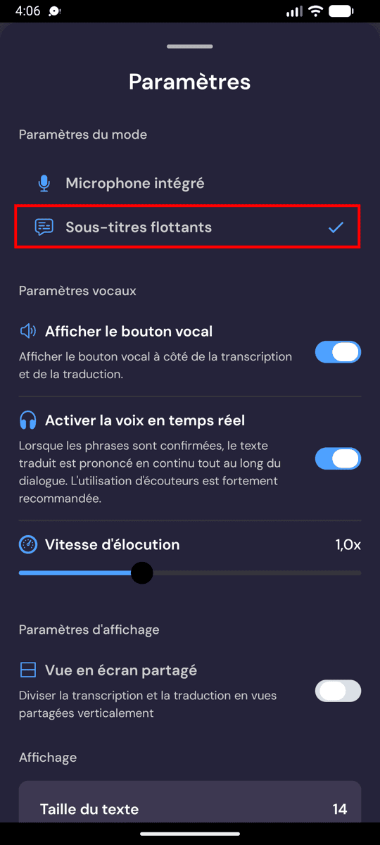 Selecting Floating subtitles mode in the Whisperr settings on Android