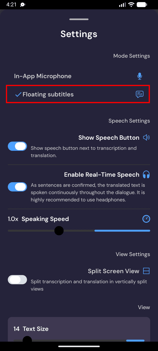 Selecting Floating subtitles mode in the Whisperr settings on Android