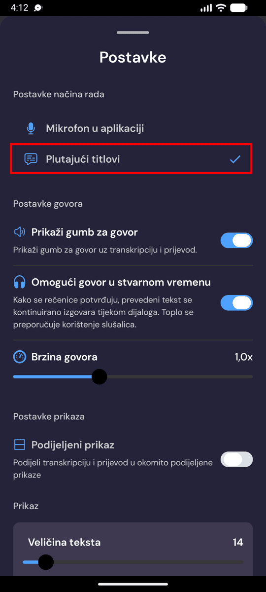 Selecting Floating subtitles mode in the Whisperr settings on Android