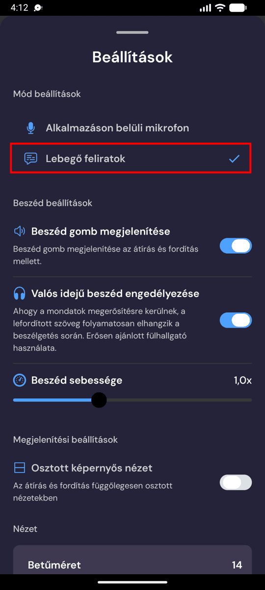 Selecting Floating subtitles mode in the Whisperr settings on Android