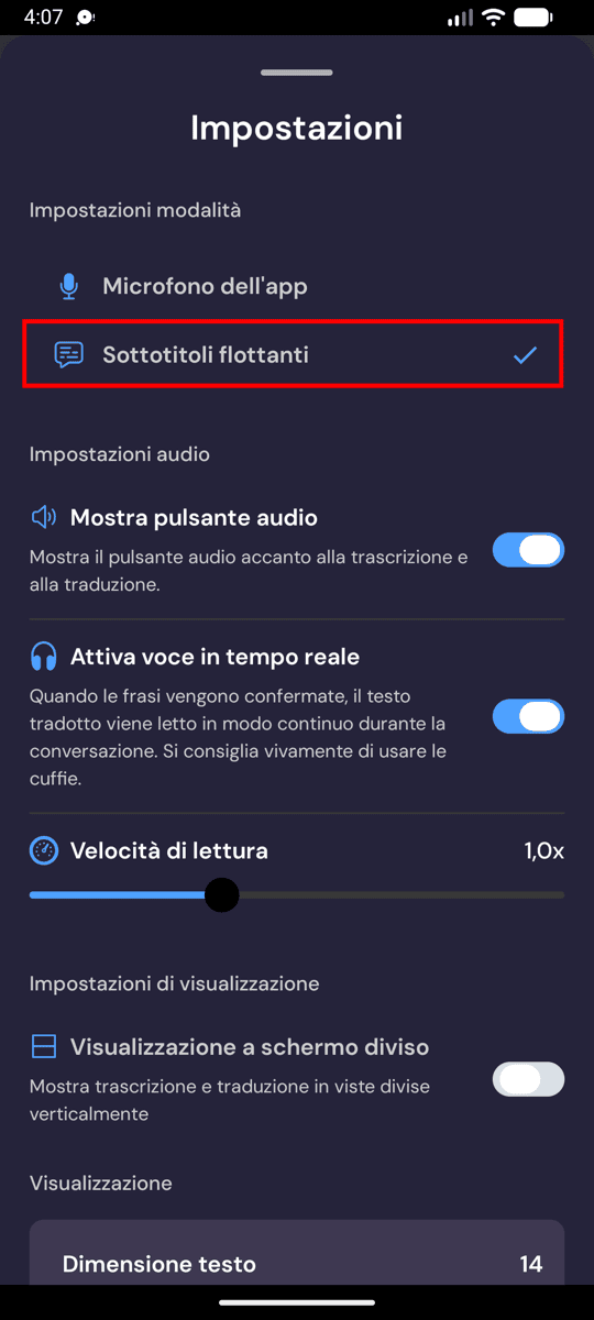 Selecting Floating subtitles mode in the Whisperr settings on Android