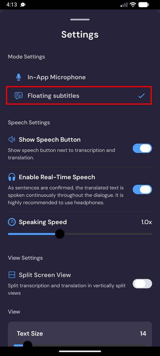 Selecting Floating subtitles mode in the Whisperr settings on Android