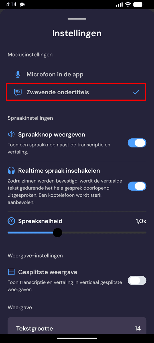 Selecting Floating subtitles mode in the Whisperr settings on Android