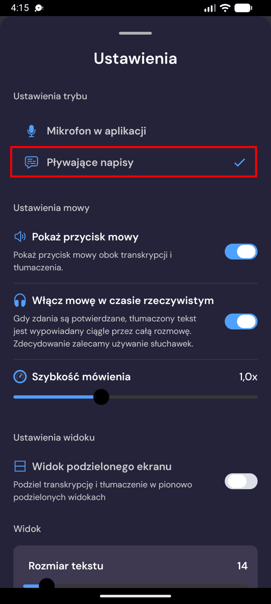 Selecting Floating subtitles mode in the Whisperr settings on Android