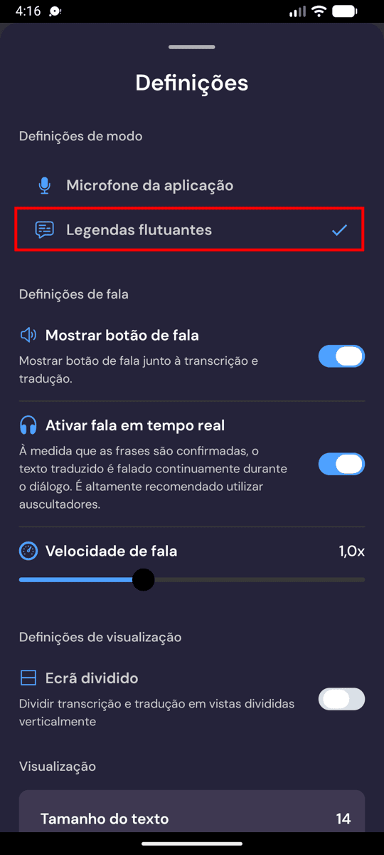 Selecting Floating subtitles mode in the Whisperr settings on Android