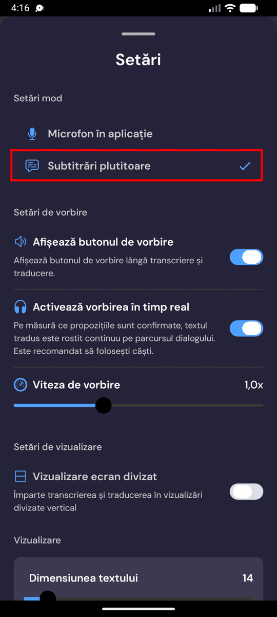 Selecting Floating subtitles mode in the Whisperr settings on Android
