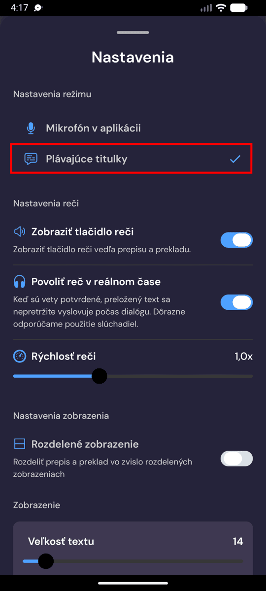 Selecting Floating subtitles mode in the Whisperr settings on Android