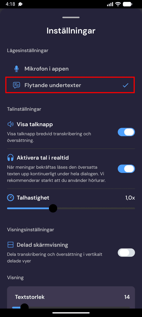 Selecting Floating subtitles mode in the Whisperr settings on Android