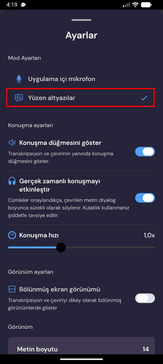 Selecting Floating subtitles mode in the Whisperr settings on Android