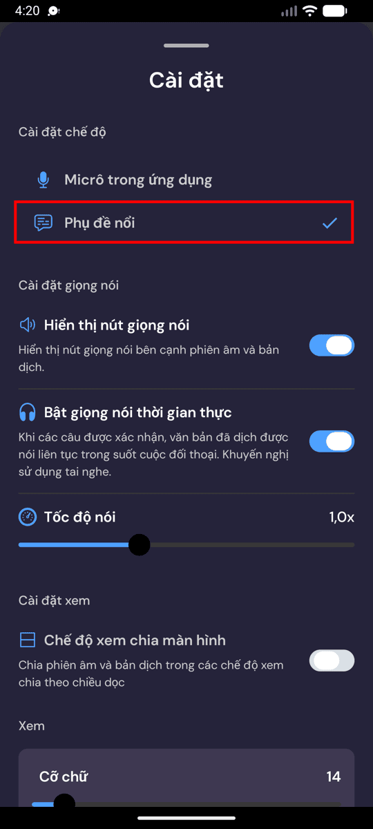Selecting Floating subtitles mode in the Whisperr settings on Android