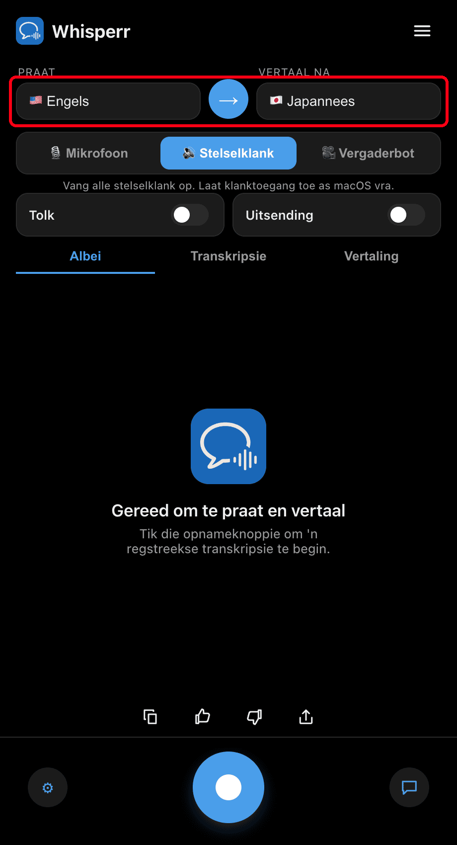 Setting the Speaking and Translate to languages in the Whisperr desktop app