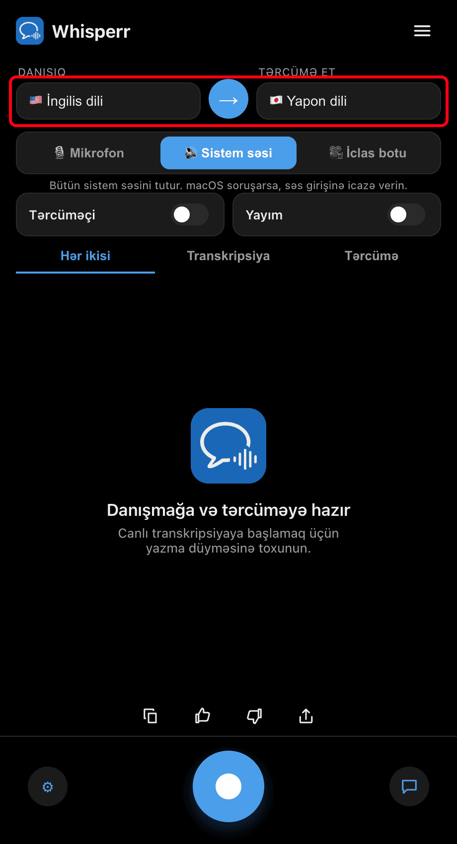 Setting the Speaking and Translate to languages in the Whisperr desktop app