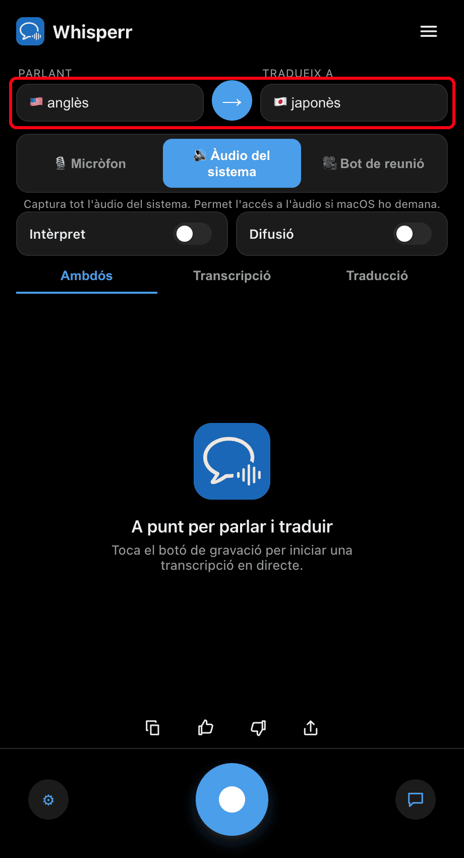 Setting the Speaking and Translate to languages in the Whisperr desktop app