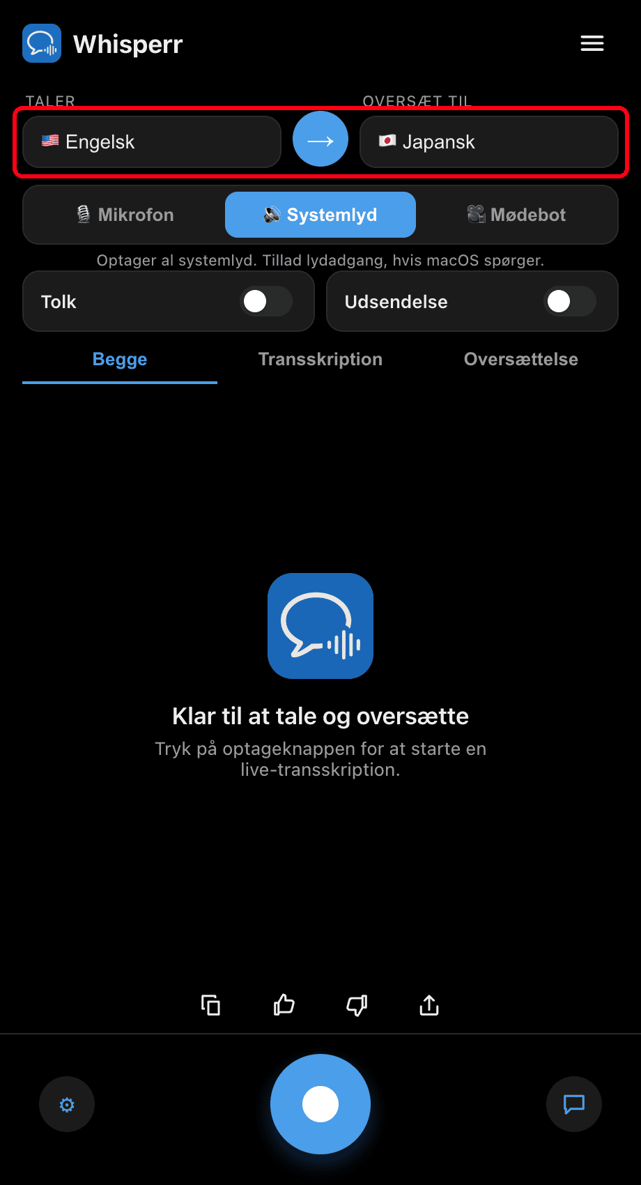 Setting the Speaking and Translate to languages in the Whisperr desktop app