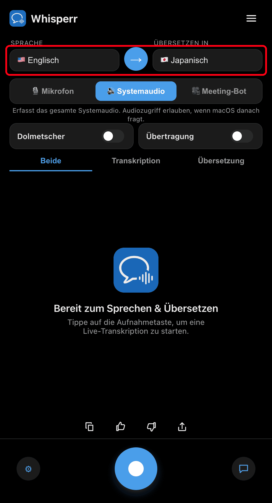 Setting the Speaking and Translate to languages in the Whisperr desktop app