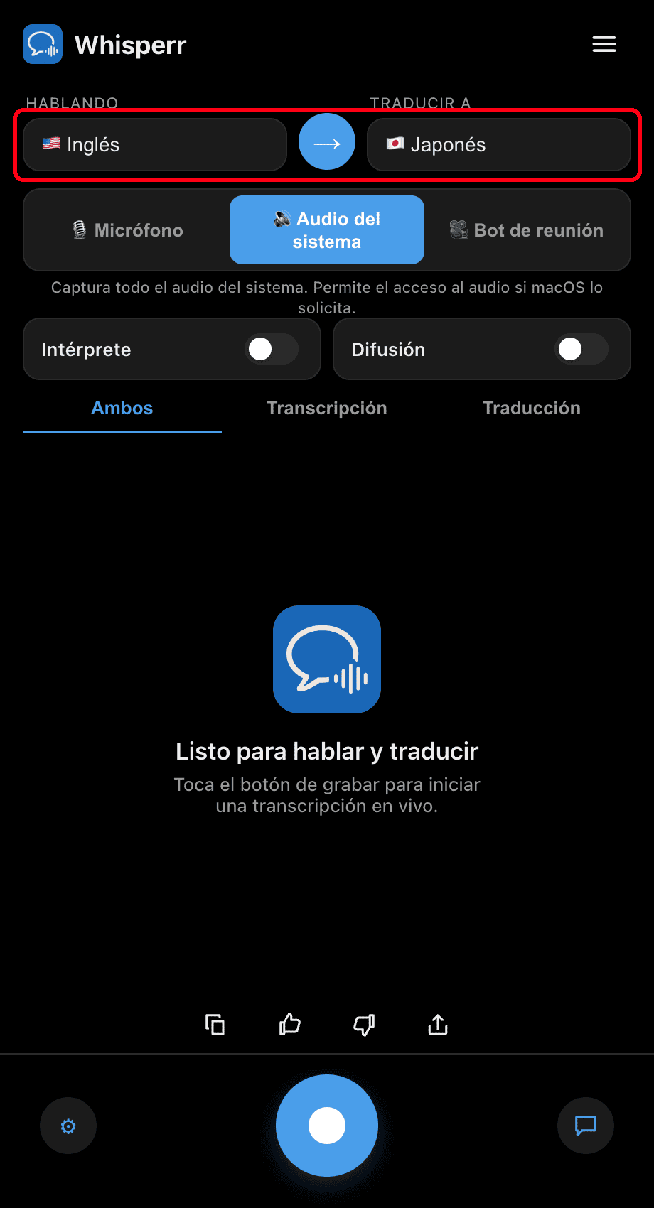 Setting the Speaking and Translate to languages in the Whisperr desktop app