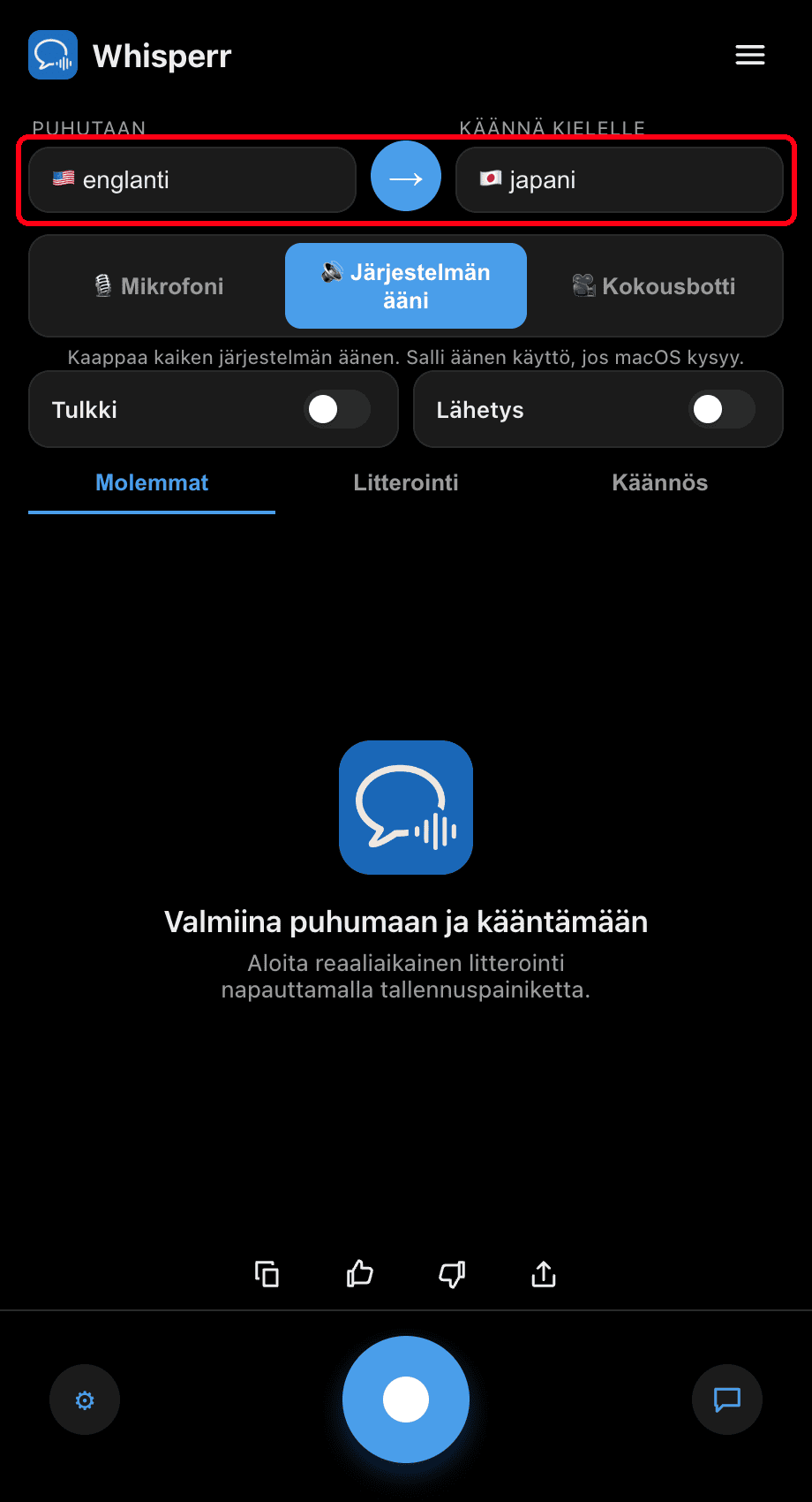 Setting the Speaking and Translate to languages in the Whisperr desktop app