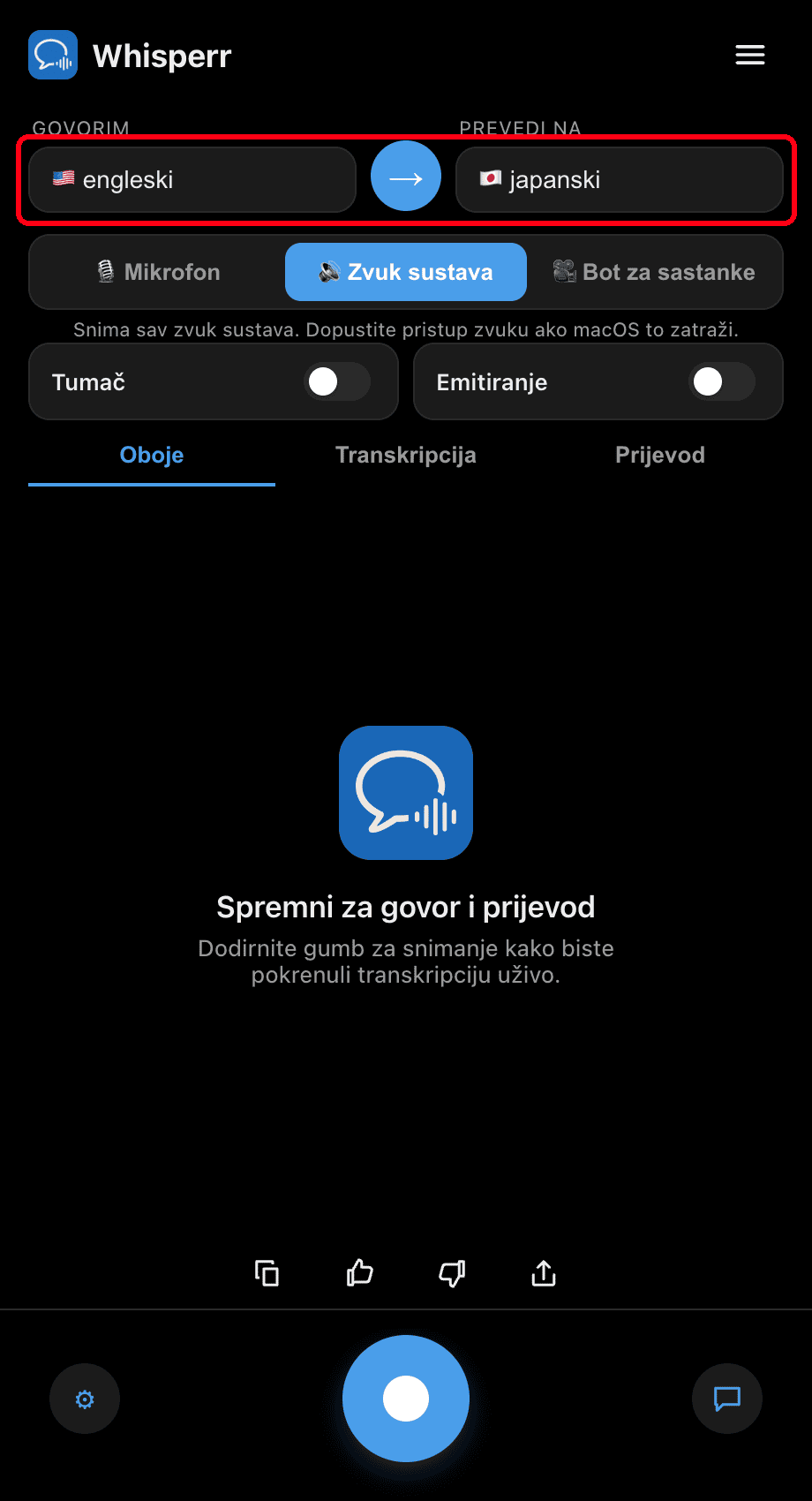 Setting the Speaking and Translate to languages in the Whisperr desktop app