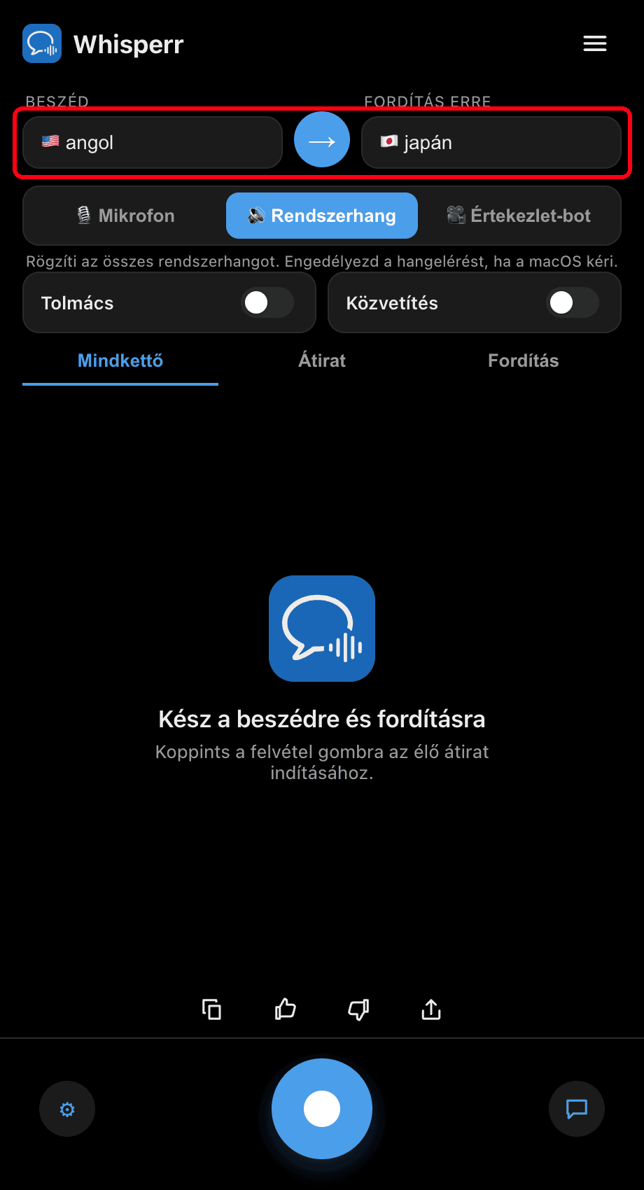 Setting the Speaking and Translate to languages in the Whisperr desktop app