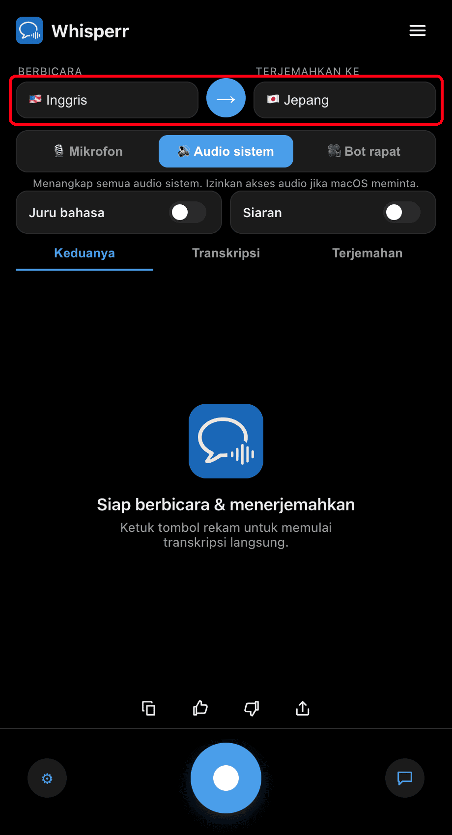 Setting the Speaking and Translate to languages in the Whisperr desktop app