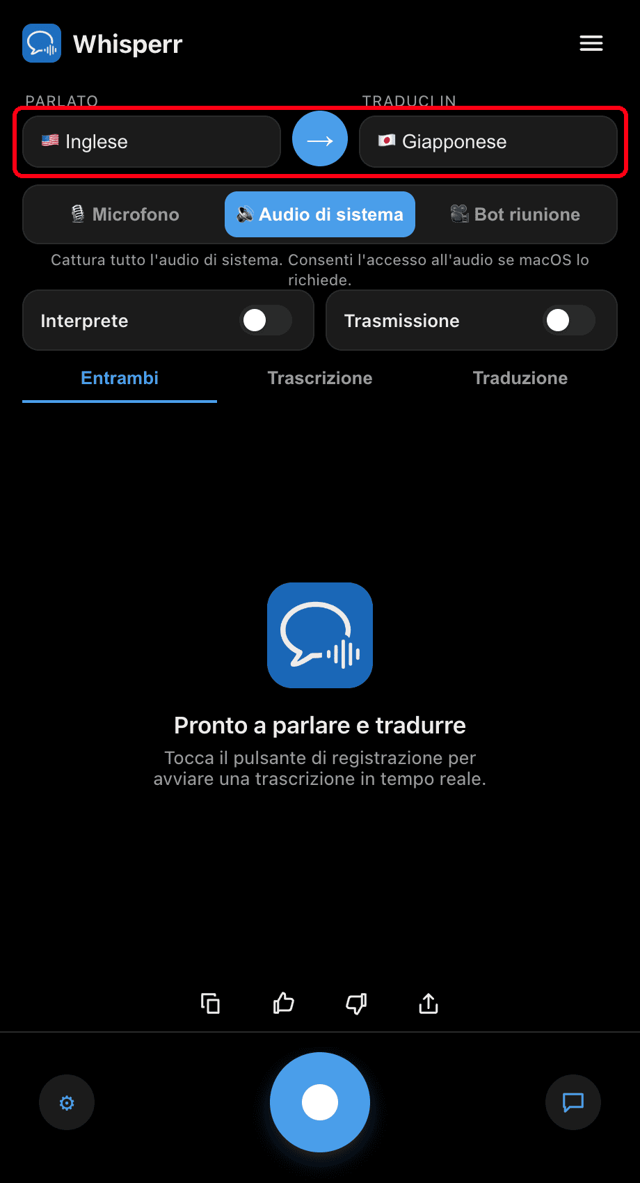 Setting the Speaking and Translate to languages in the Whisperr desktop app