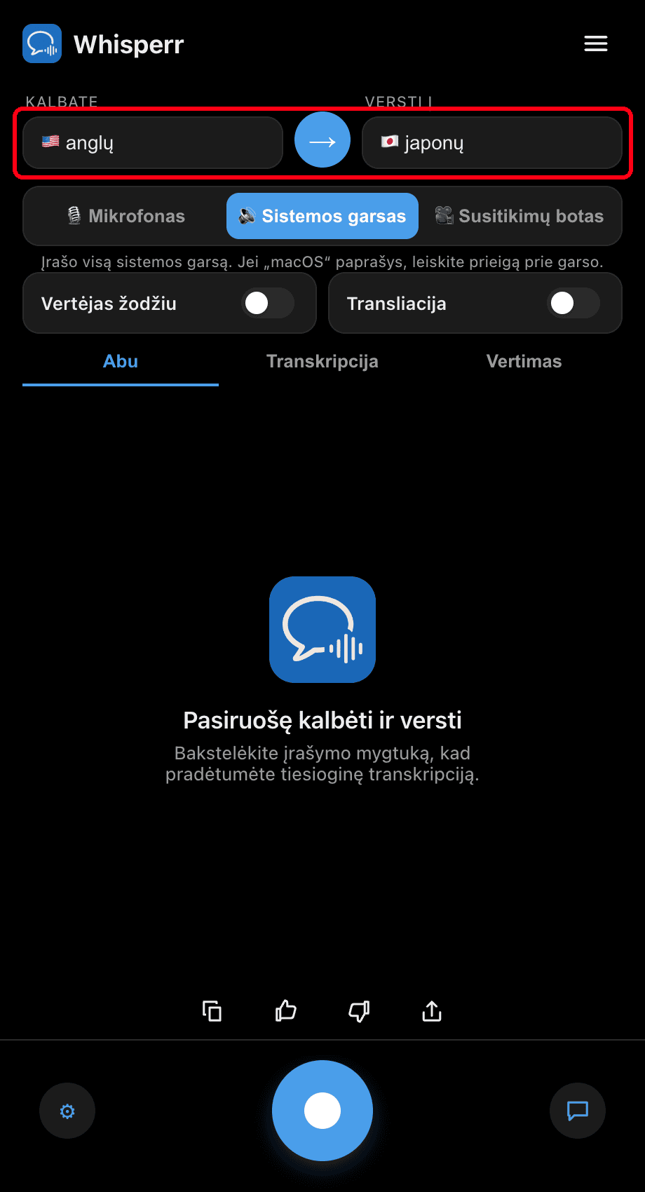 Setting the Speaking and Translate to languages in the Whisperr desktop app