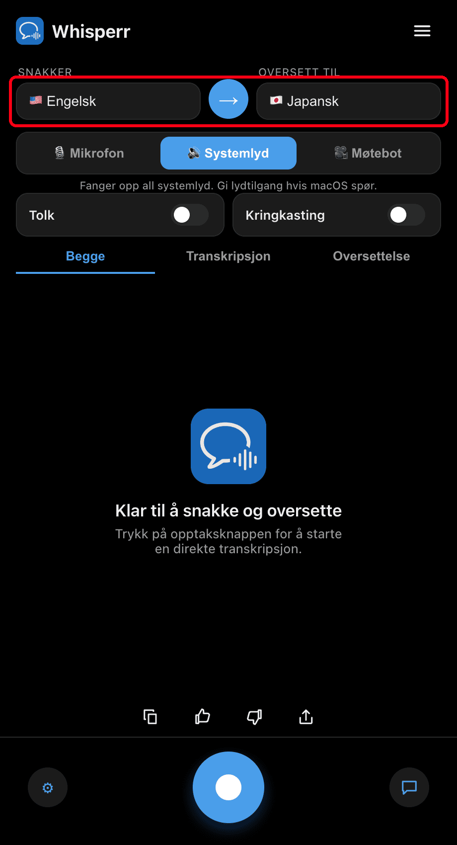 Setting the Speaking and Translate to languages in the Whisperr desktop app