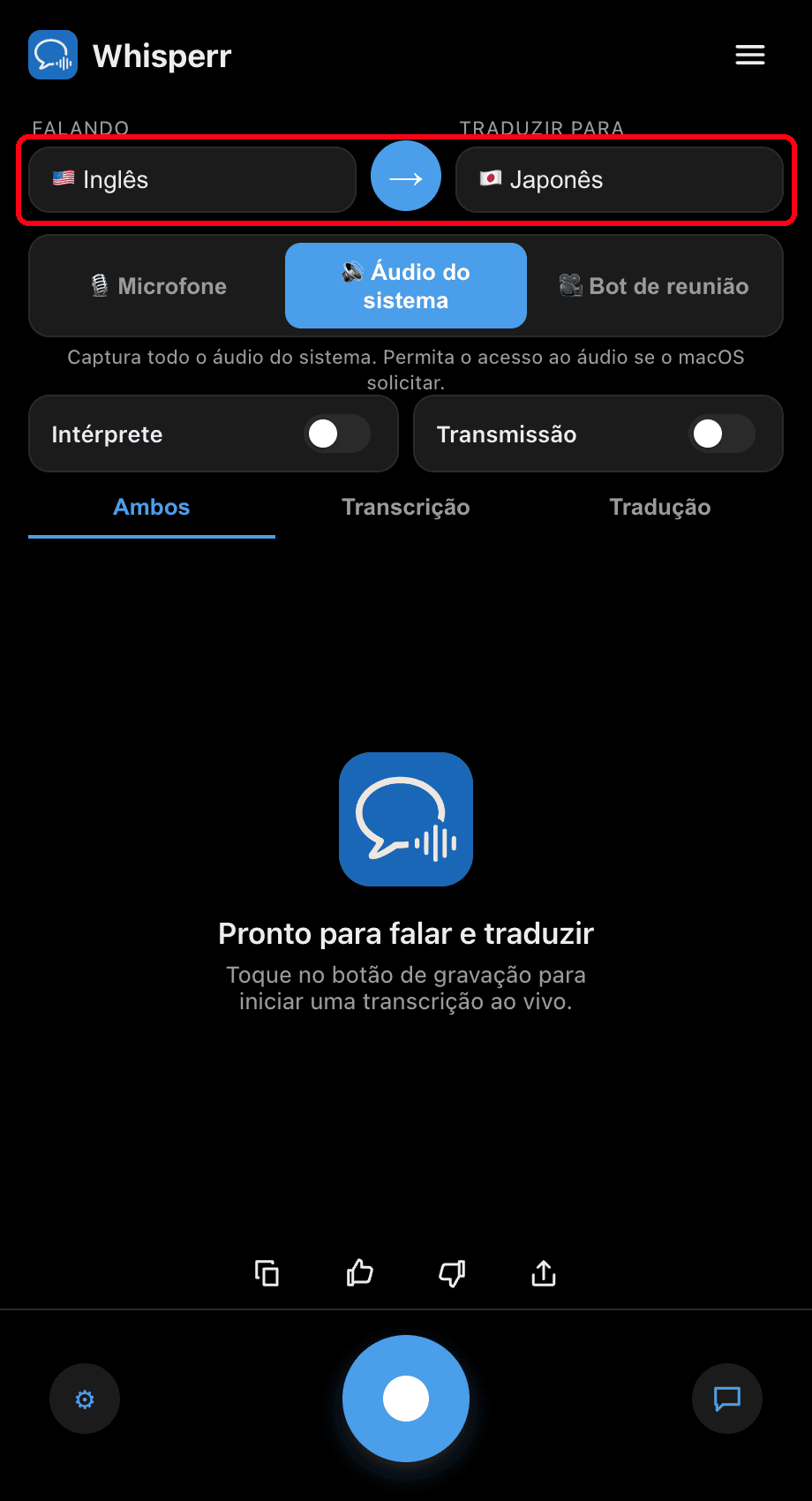 Setting the Speaking and Translate to languages in the Whisperr desktop app