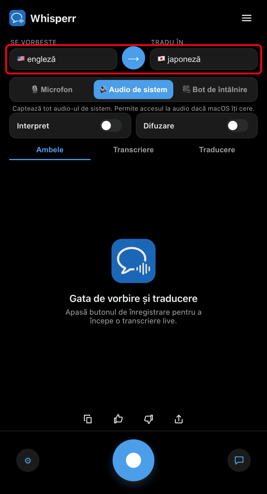Setting the Speaking and Translate to languages in the Whisperr desktop app