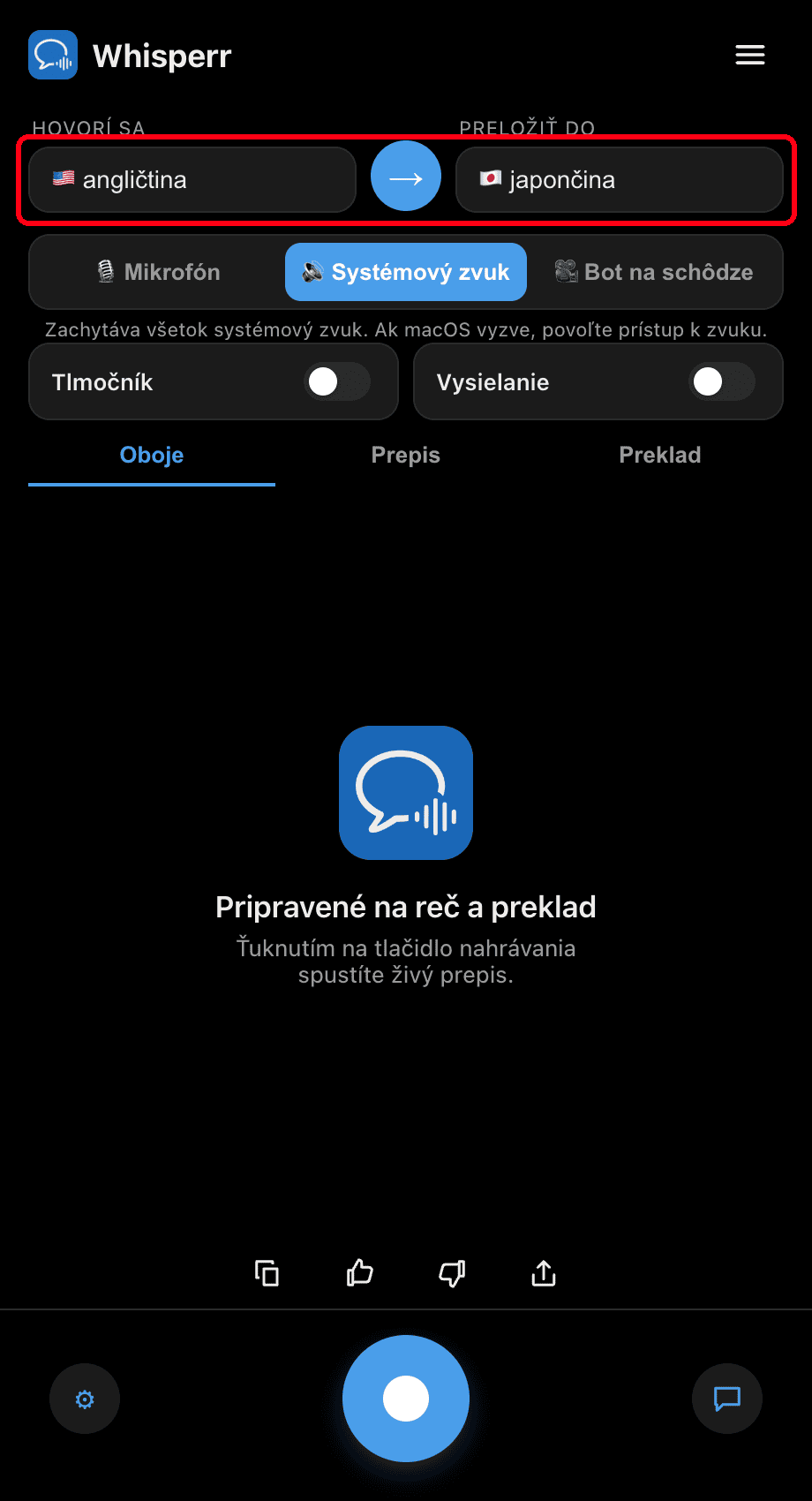 Setting the Speaking and Translate to languages in the Whisperr desktop app