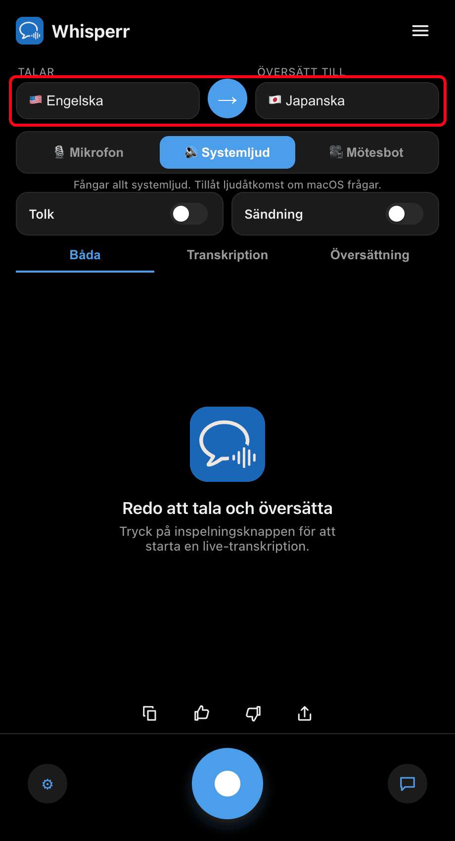 Setting the Speaking and Translate to languages in the Whisperr desktop app