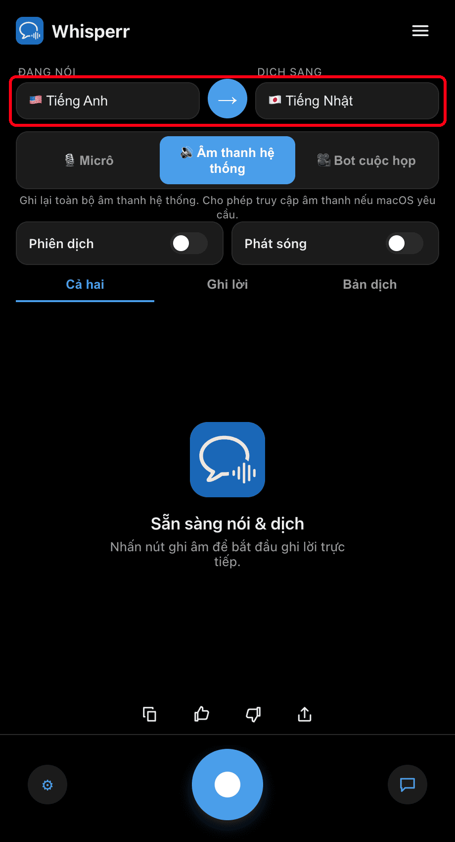 Setting the Speaking and Translate to languages in the Whisperr desktop app