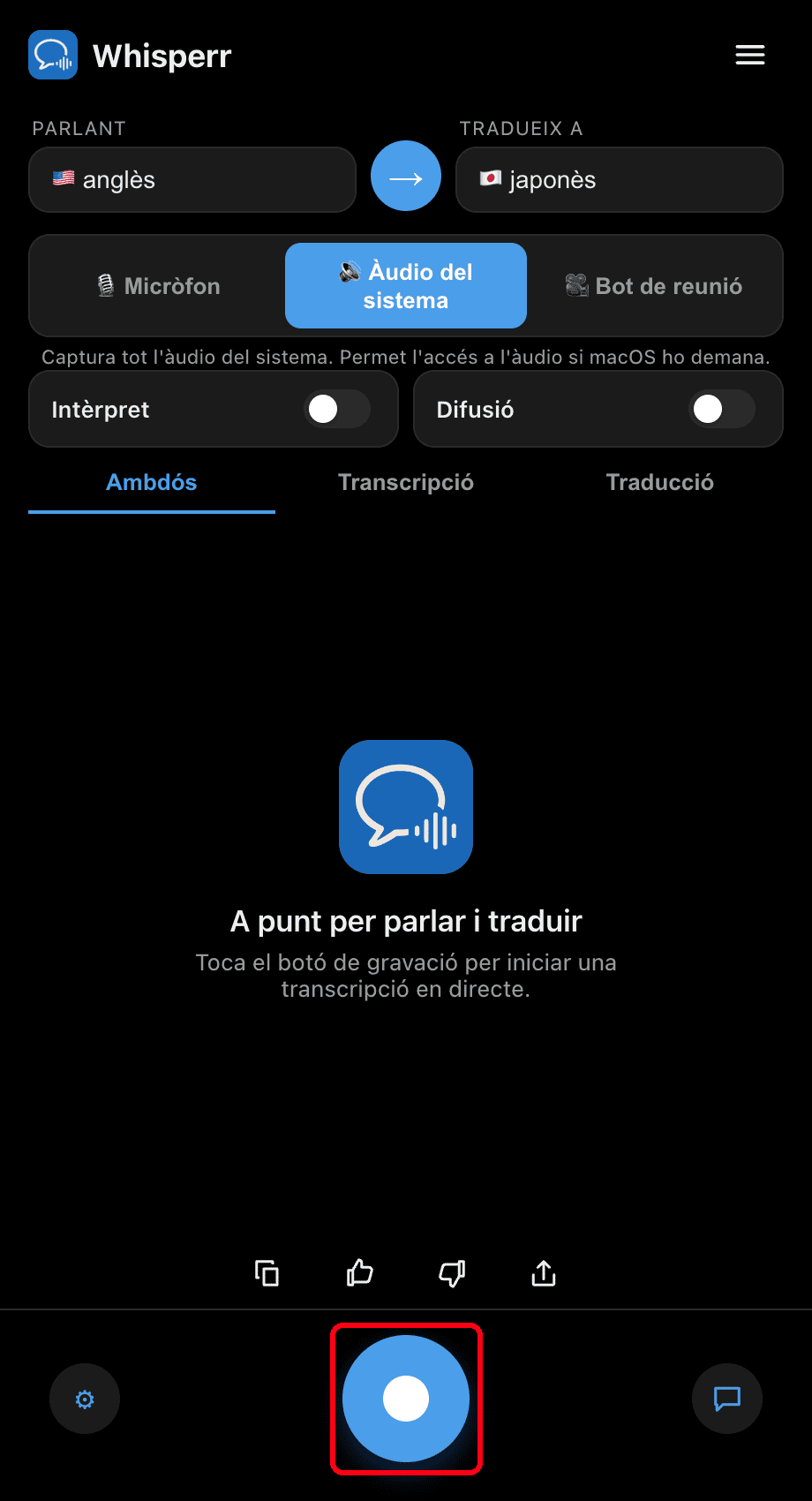 Clicking the record button in the Whisperr desktop app