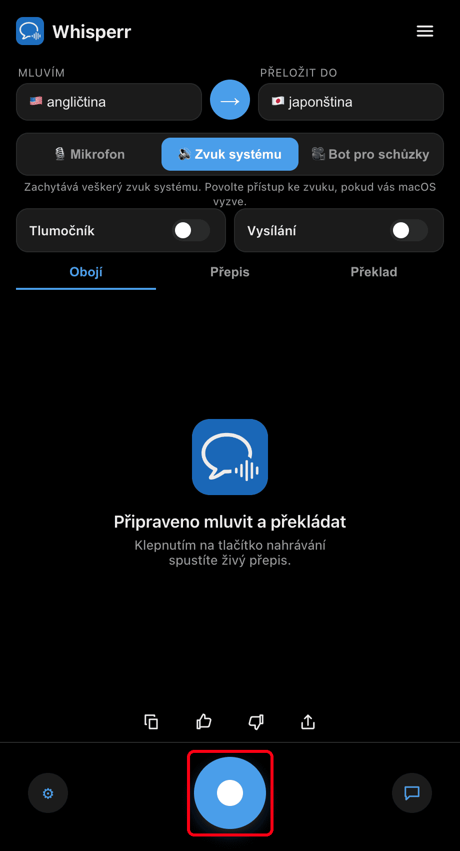 Clicking the record button in the Whisperr desktop app
