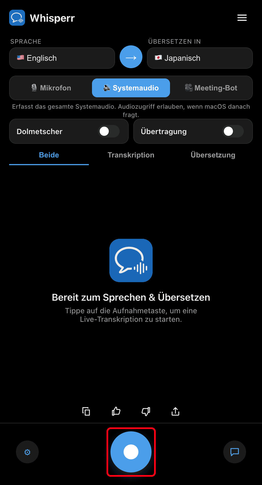 Clicking the record button in the Whisperr desktop app