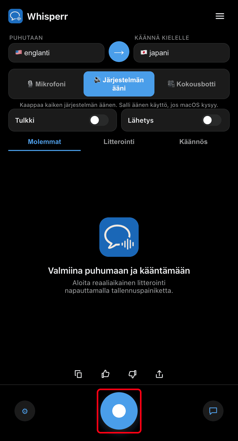 Clicking the record button in the Whisperr desktop app