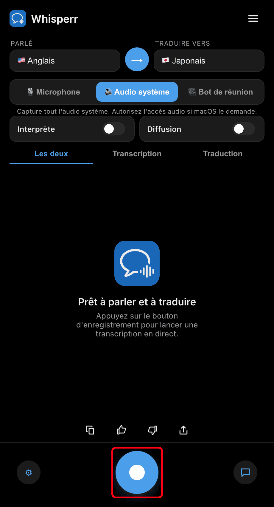 Clicking the record button in the Whisperr desktop app