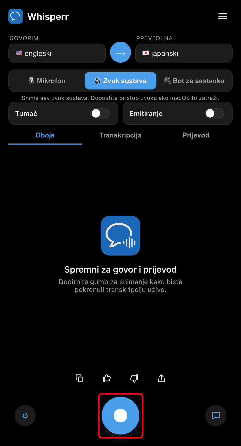 Clicking the record button in the Whisperr desktop app