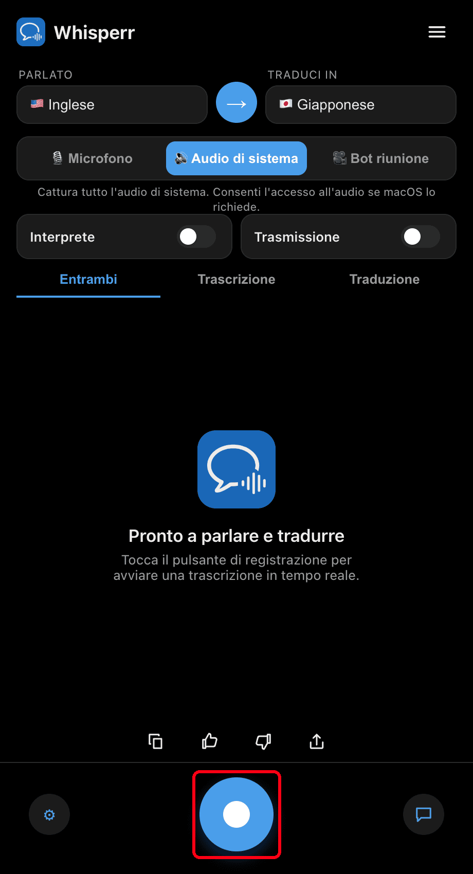 Clicking the record button in the Whisperr desktop app