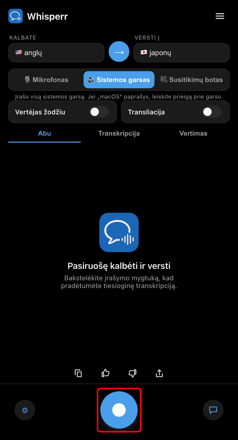 Clicking the record button in the Whisperr desktop app