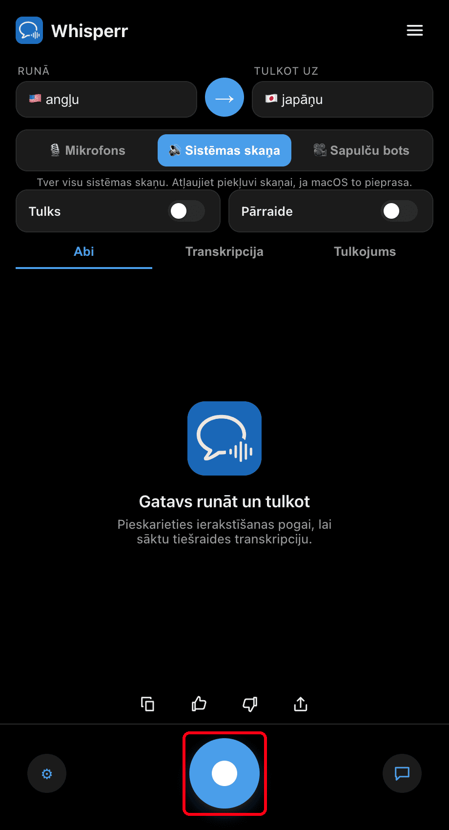 Clicking the record button in the Whisperr desktop app