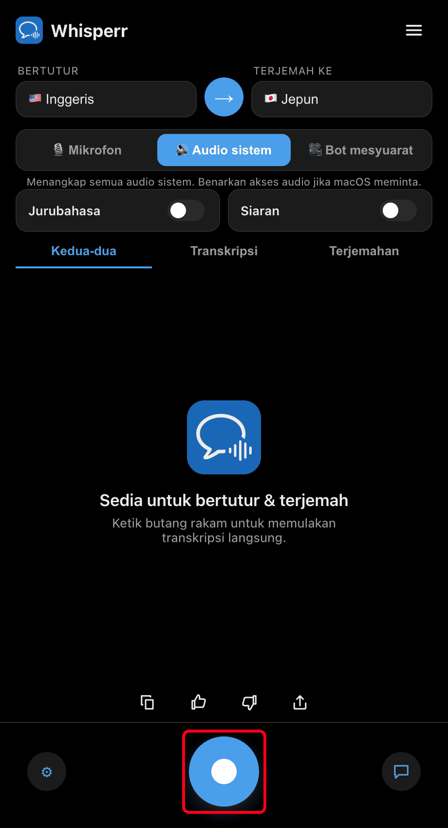Clicking the record button in the Whisperr desktop app
