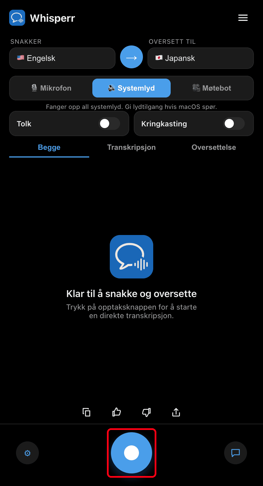 Clicking the record button in the Whisperr desktop app