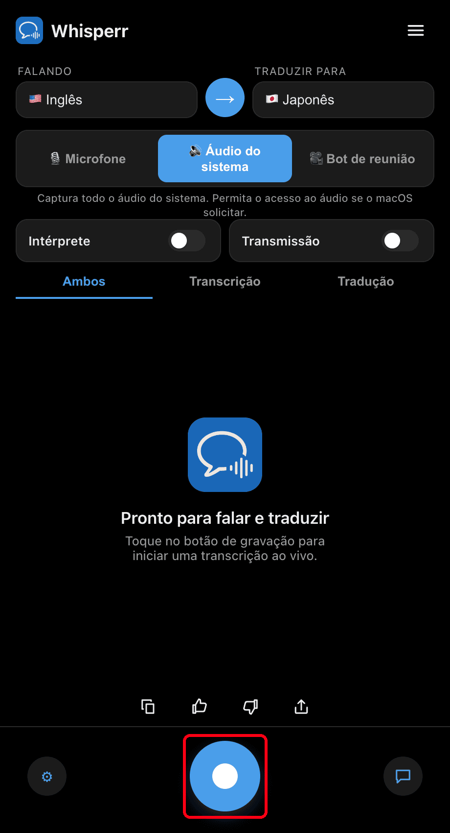Clicking the record button in the Whisperr desktop app