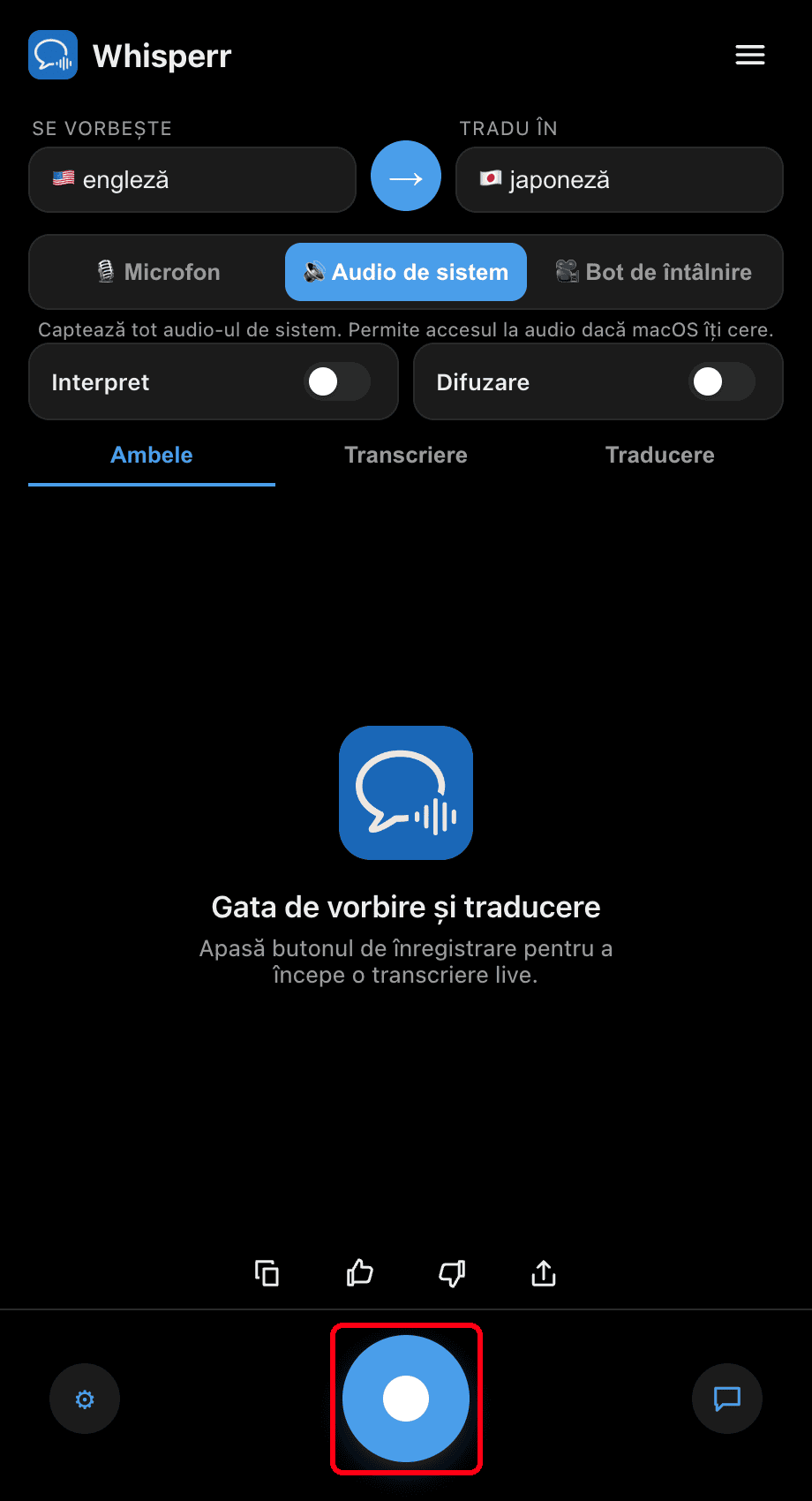 Clicking the record button in the Whisperr desktop app
