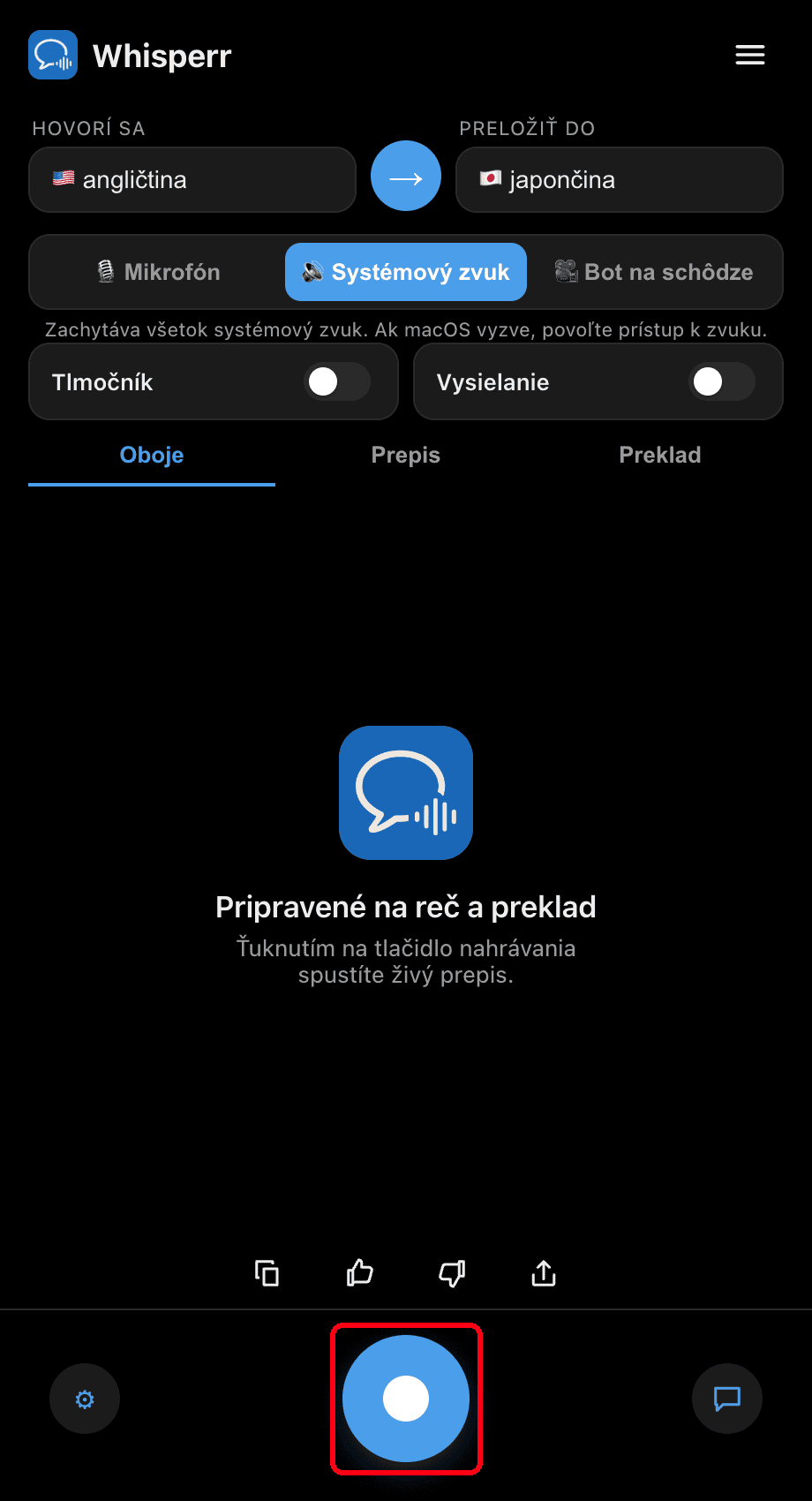 Clicking the record button in the Whisperr desktop app