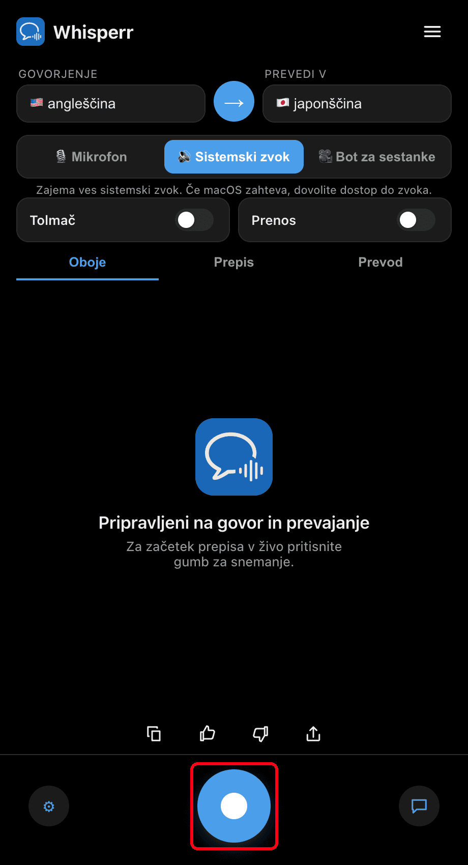 Clicking the record button in the Whisperr desktop app