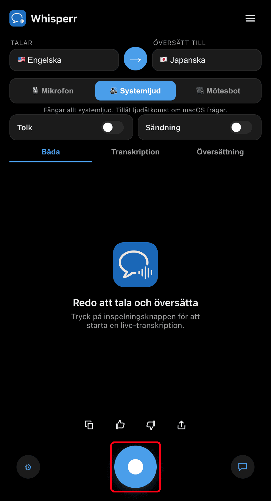 Clicking the record button in the Whisperr desktop app