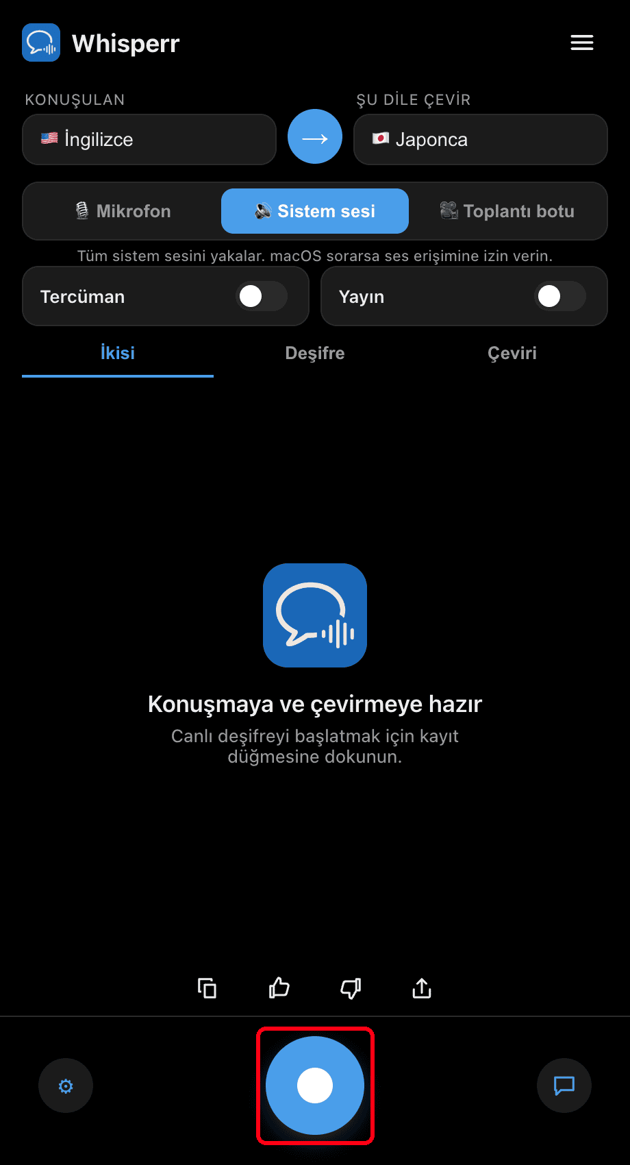 Clicking the record button in the Whisperr desktop app