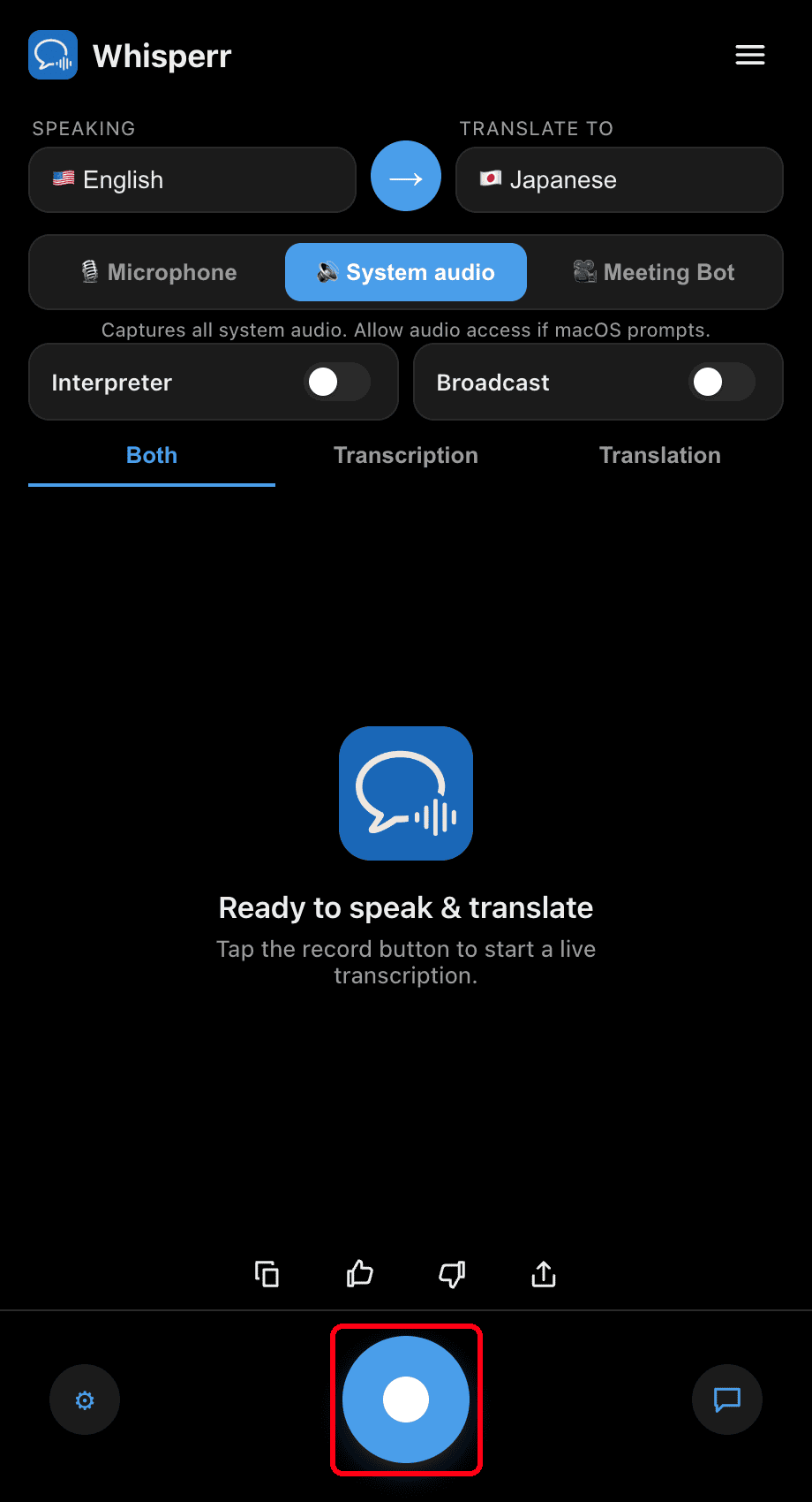 Clicking the record button in the Whisperr desktop app
